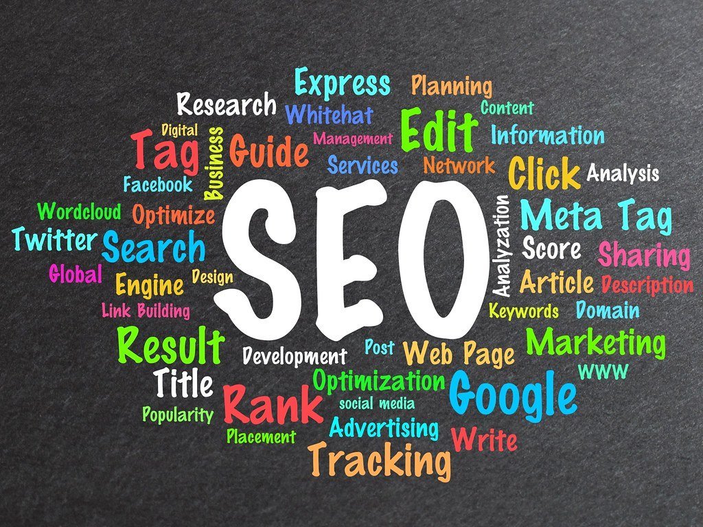 Colorful word cloud on a blackboard featuring terms related to SEO, such as "search," "rank," "keywords," and "Google," highlighting the comprehensive aspects of search engine optimization in a lifestyle