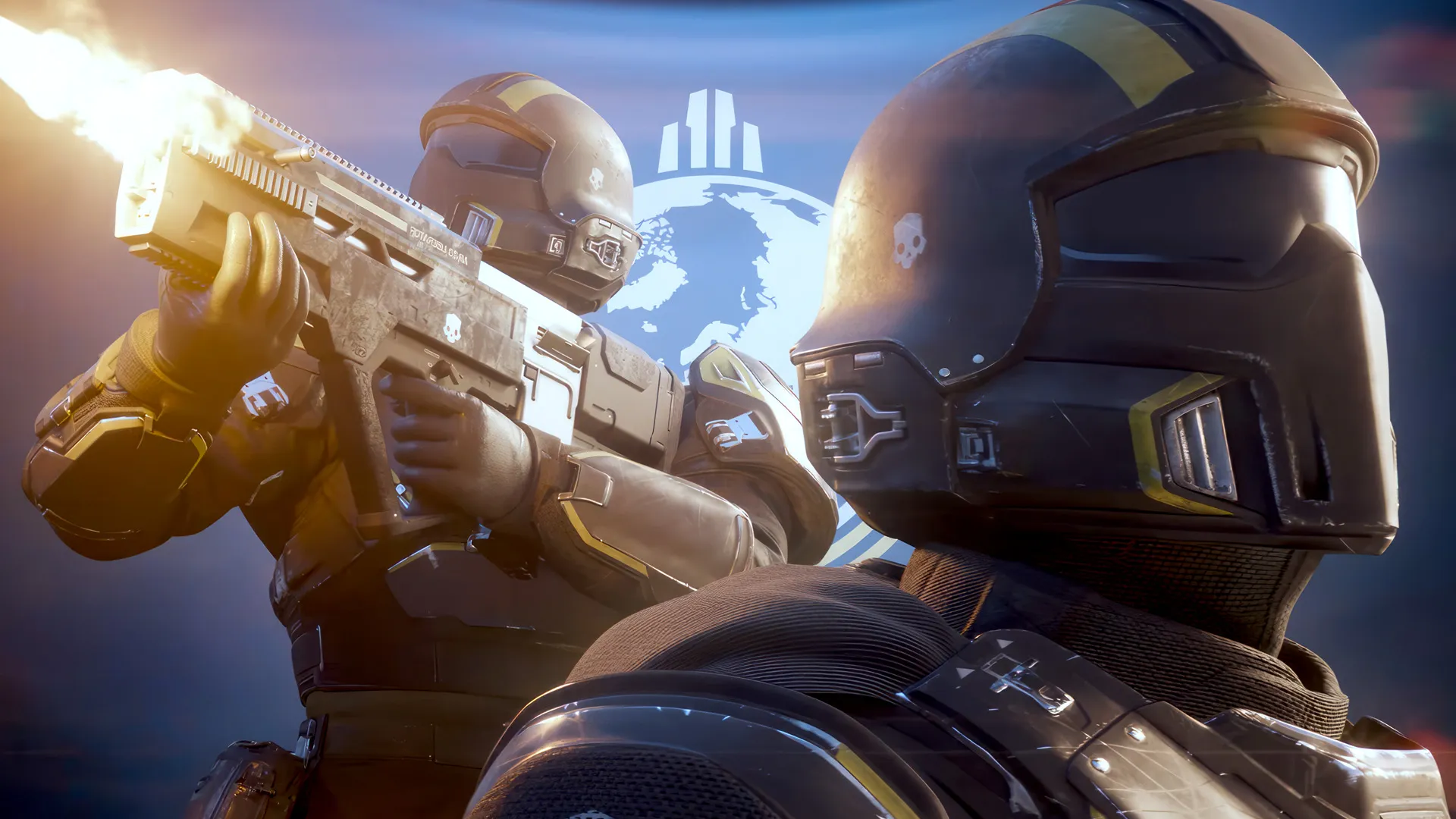 A futuristic soldier in full combat gear and a visor helmet aiming a blaster weapon with a digital backdrop highlighting their lifestyle or mission.